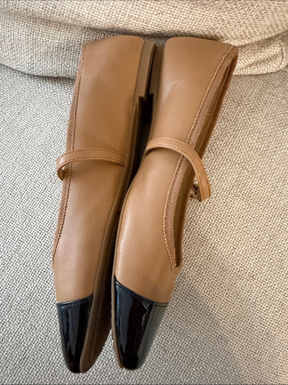 Michael Kors Tan Leather Mary Jane Flats with Black Patent Cap Toe - Picture 6 of 12